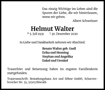 Anzeige von Helmut Walter von Kölner Stadt-Anzeiger / Kölnische Rundschau / Express
