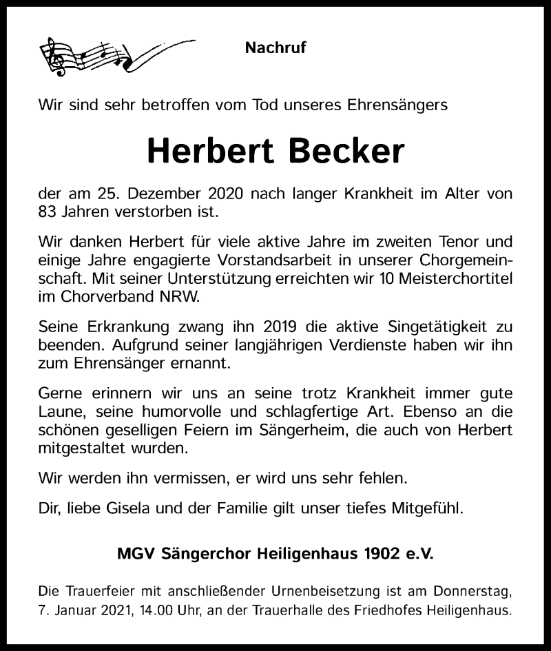  Traueranzeige für Herbert Becker vom 02.01.2021 aus Kölner Stadt-Anzeiger / Kölnische Rundschau / Express