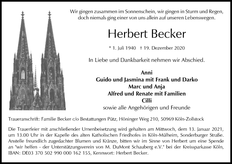  Traueranzeige für Herbert Becker vom 02.01.2021 aus Kölner Stadt-Anzeiger / Kölnische Rundschau / Express