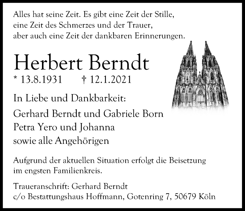  Traueranzeige für Herbert Berndt vom 16.01.2021 aus Kölner Stadt-Anzeiger / Kölnische Rundschau / Express