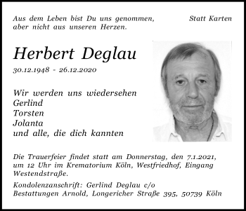 Anzeige von Herbert Deglau von Kölner Stadt-Anzeiger / Kölnische Rundschau / Express