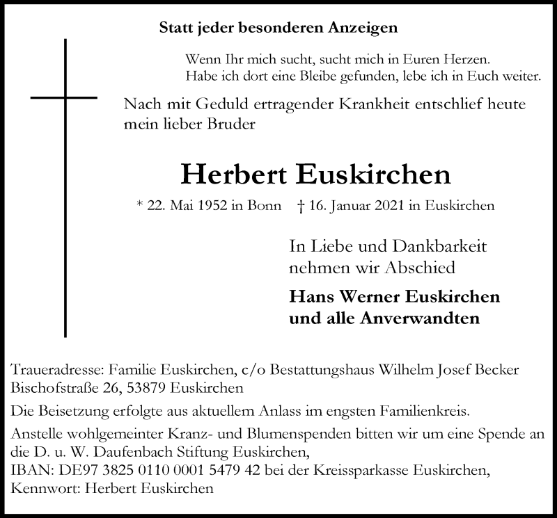  Traueranzeige für Herbert Euskirchen vom 23.01.2021 aus  Blickpunkt Euskirchen 