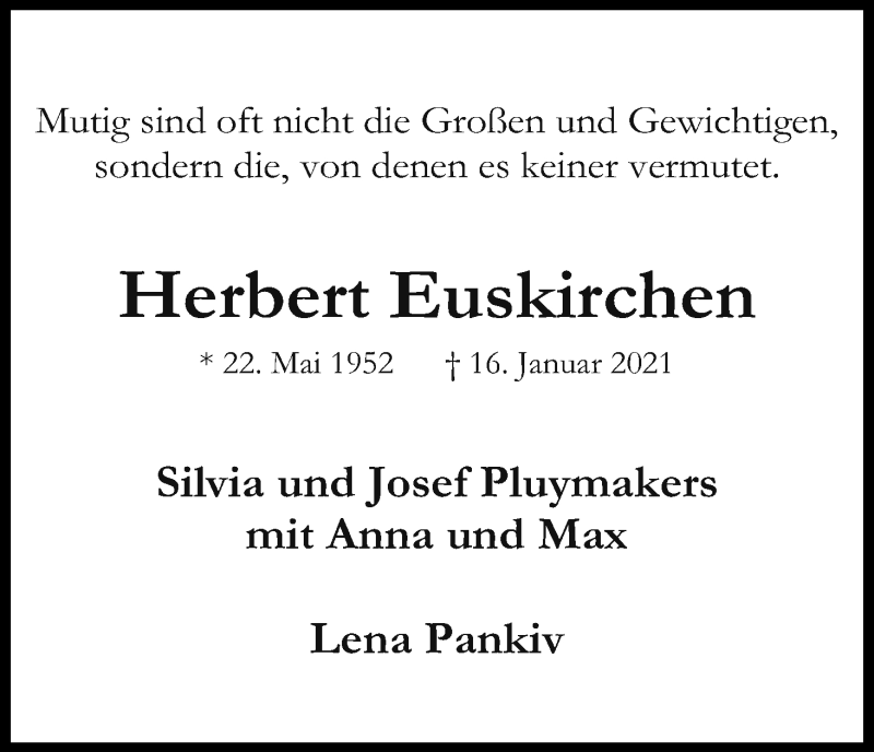  Traueranzeige für Herbert Euskirchen vom 23.01.2021 aus Kölner Stadt-Anzeiger / Kölnische Rundschau / Express