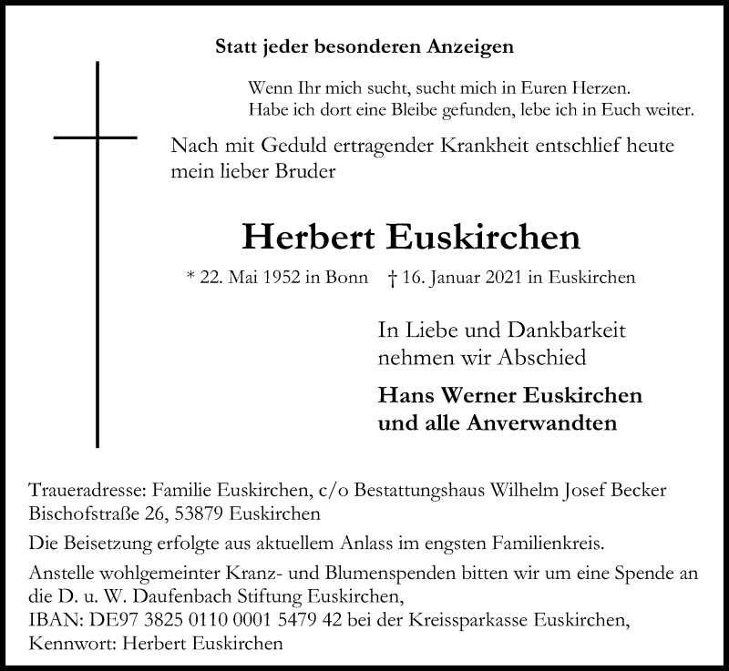  Traueranzeige für Herbert Euskirchen vom 23.01.2021 aus Kölner Stadt-Anzeiger / Kölnische Rundschau / Express