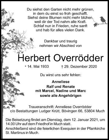 Anzeige von Herbert Overrödder von Kölner Stadt-Anzeiger / Kölnische Rundschau / Express