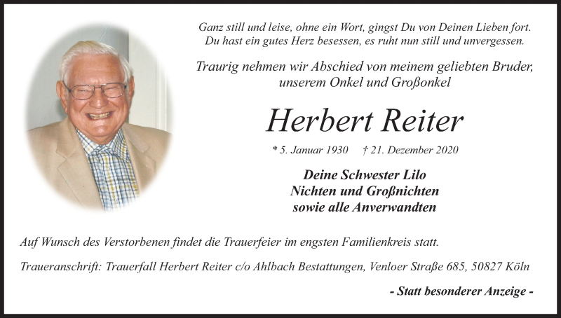  Traueranzeige für Herbert Reiter vom 02.01.2021 aus Kölner Stadt-Anzeiger / Kölnische Rundschau / Express