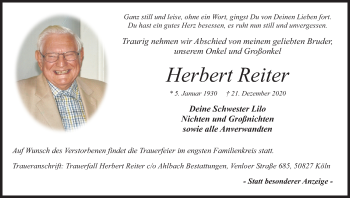 Anzeige von Herbert Reiter von Kölner Stadt-Anzeiger / Kölnische Rundschau / Express