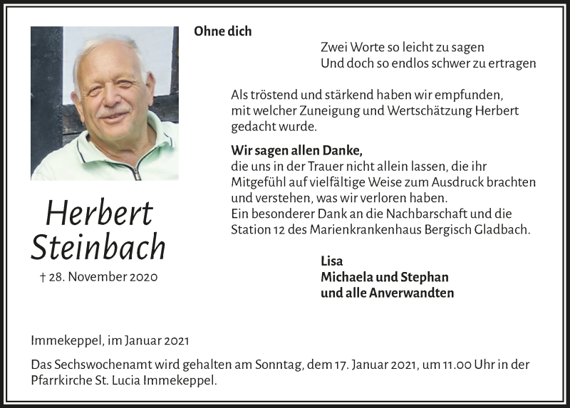  Traueranzeige für Herbert Steinbach vom 08.01.2021 aus  Bergisches Handelsblatt 