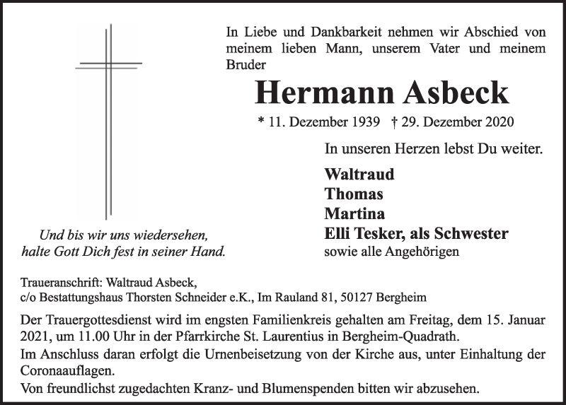  Traueranzeige für Hermann Asbeck vom 08.01.2021 aus  Werbepost 