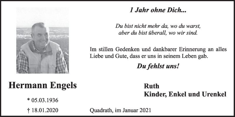  Traueranzeige für Hermann Engels vom 15.01.2021 aus  Werbepost 