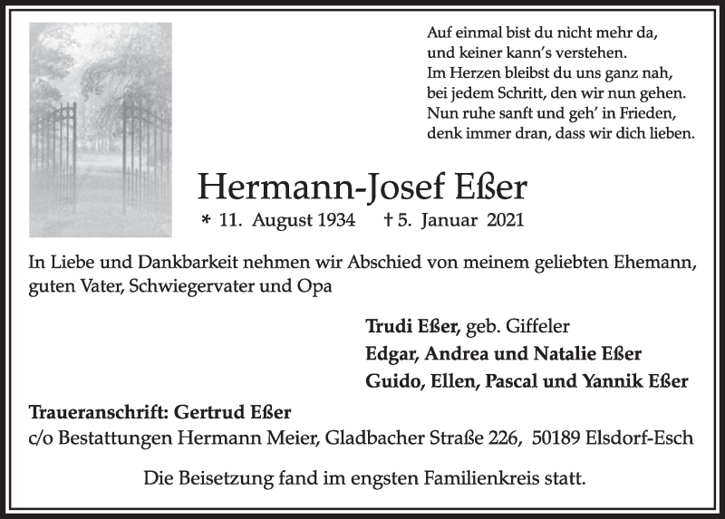  Traueranzeige für Hermann-Josef Eßer vom 15.01.2021 aus  Werbepost 