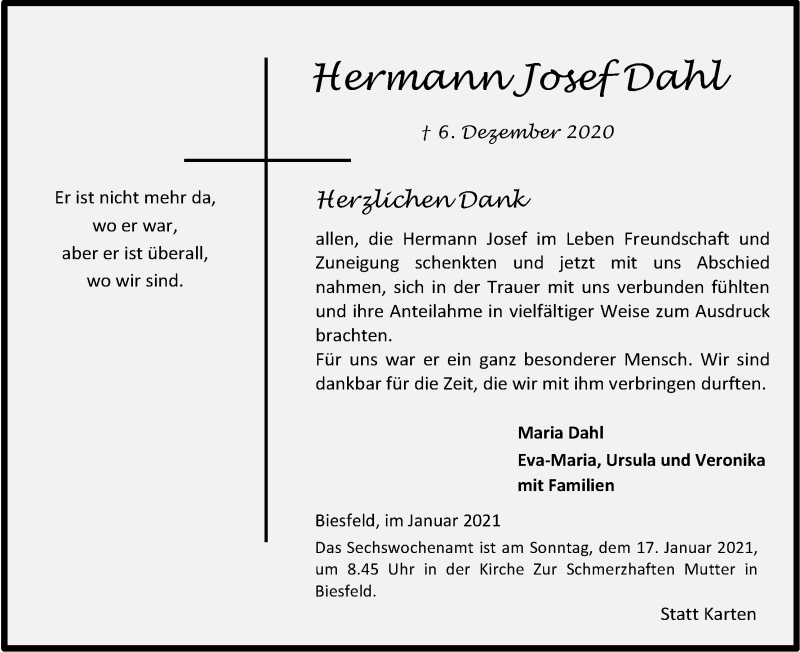  Traueranzeige für Hermann Josef Dahl vom 09.01.2021 aus Kölner Stadt-Anzeiger / Kölnische Rundschau / Express