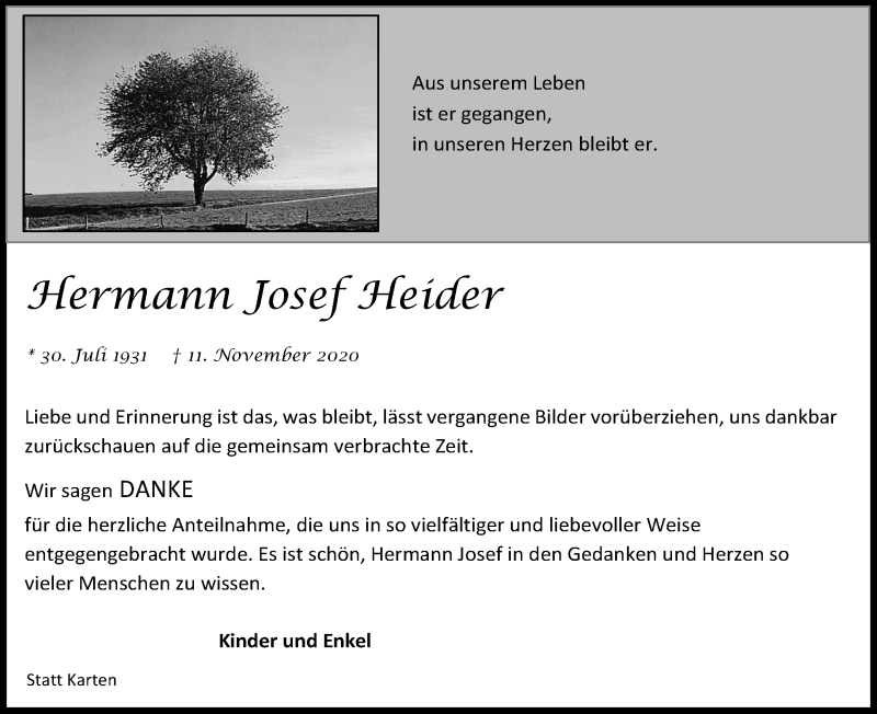  Traueranzeige für Hermann Josef Heider vom 09.01.2021 aus Kölner Stadt-Anzeiger / Kölnische Rundschau / Express