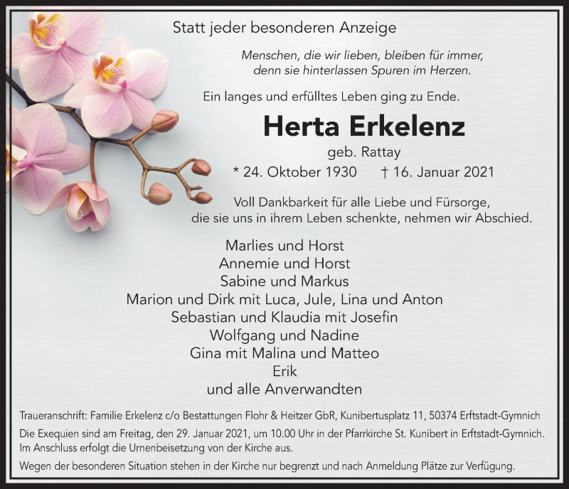  Traueranzeige für Herta Erkelenz vom 22.01.2021 aus  Werbepost 