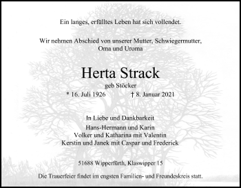 Anzeige von Herta Strack von Kölner Stadt-Anzeiger / Kölnische Rundschau / Express