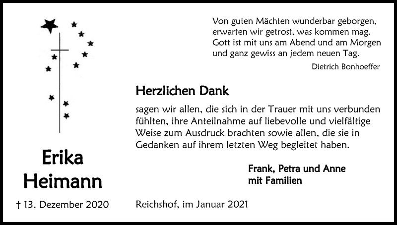  Traueranzeige für Erika Heimann vom 23.01.2021 aus Kölner Stadt-Anzeiger / Kölnische Rundschau / Express