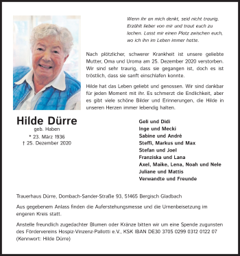 Anzeige von Hilde Dürre von Kölner Stadt-Anzeiger / Kölnische Rundschau / Express
