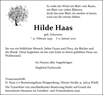 Anzeige von Hilde Haas von Kölner Stadt-Anzeiger / Kölnische Rundschau / Express