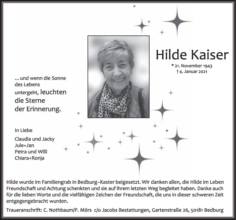  Traueranzeige für Hilde Kaiser vom 22.01.2021 aus  Werbepost 