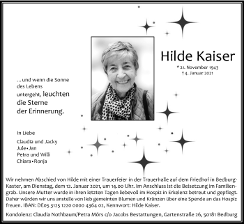 Anzeige von Hilde Kaiser von Kölner Stadt-Anzeiger / Kölnische Rundschau / Express