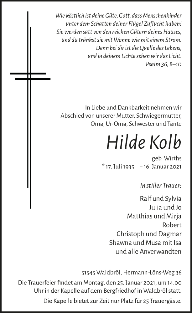  Traueranzeige für Hilde Kolb vom 22.01.2021 aus  Lokalanzeiger 