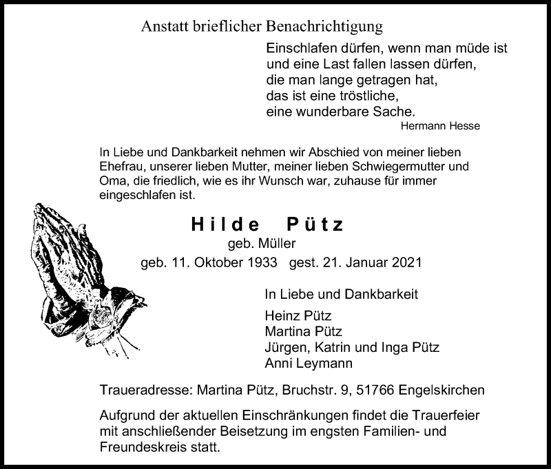  Traueranzeige für Hilde Pütz vom 30.01.2021 aus Kölner Stadt-Anzeiger / Kölnische Rundschau / Express
