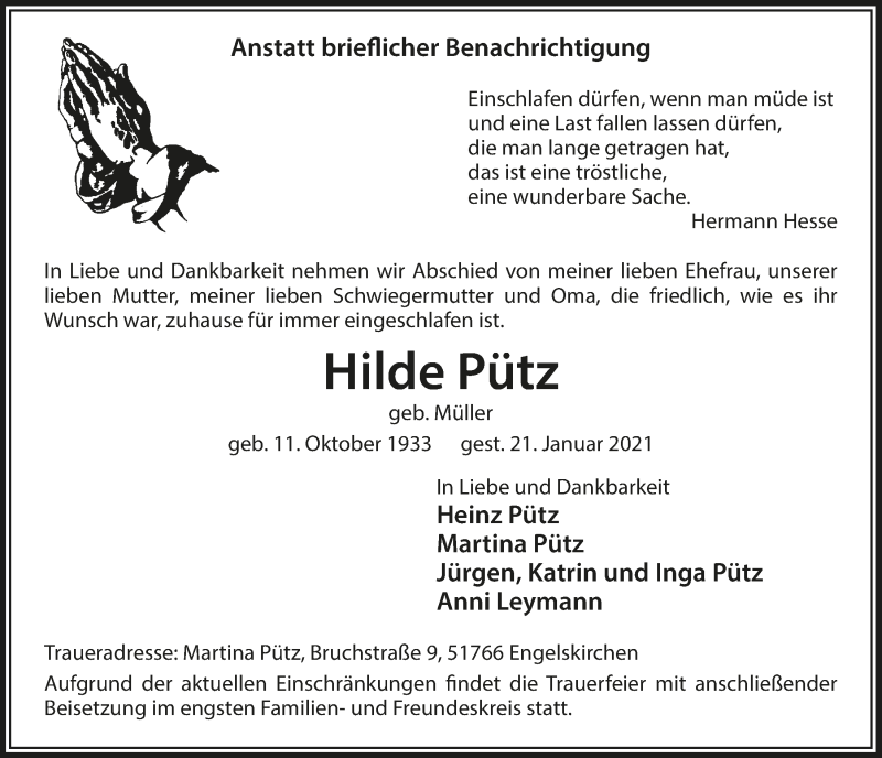  Traueranzeige für Hilde Pütz vom 29.01.2021 aus  Bergisches Handelsblatt  Anzeigen Echo 