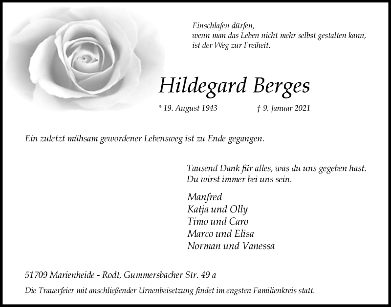  Traueranzeige für Hildegard Berges vom 22.01.2021 aus  Anzeigen Echo 