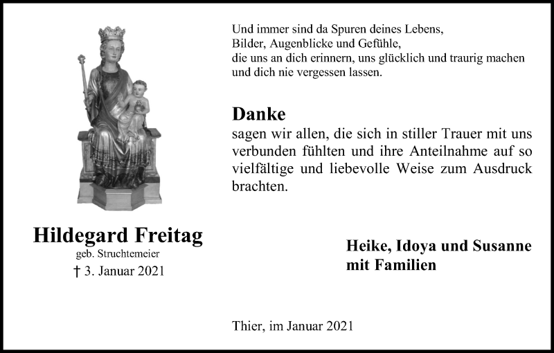  Traueranzeige für Hildegard Freitag vom 30.01.2021 aus Kölner Stadt-Anzeiger / Kölnische Rundschau / Express