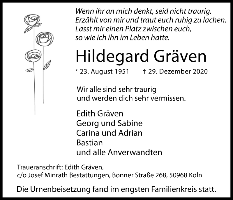  Traueranzeige für Hildegard Gräven vom 23.01.2021 aus Kölner Stadt-Anzeiger / Kölnische Rundschau / Express