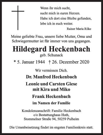 Anzeige von Hildegard Heckenbach von  Wochenende 