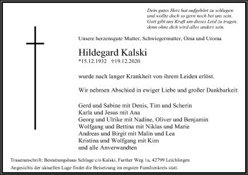 Anzeige von Hildegard Kalski von Kölner Stadt-Anzeiger / Kölnische Rundschau / Express