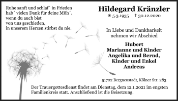 Anzeige von Hildegard Kränzler von  Anzeigen Echo 
