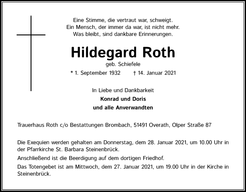  Traueranzeige für Hildegard Roth vom 23.01.2021 aus Kölner Stadt-Anzeiger / Kölnische Rundschau / Express