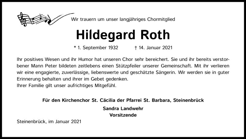  Traueranzeige für Hildegard Roth vom 23.01.2021 aus Kölner Stadt-Anzeiger / Kölnische Rundschau / Express
