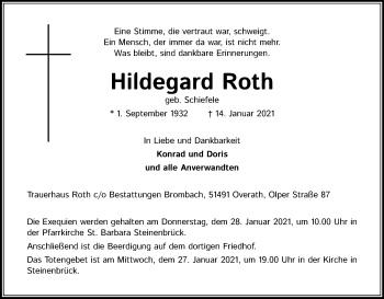 Anzeige von Hildegard Roth von Kölner Stadt-Anzeiger / Kölnische Rundschau / Express