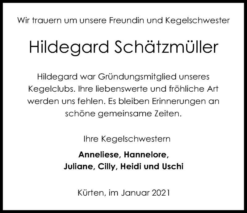  Traueranzeige für Hildegard Schätzmüller vom 09.01.2021 aus Kölner Stadt-Anzeiger / Kölnische Rundschau / Express