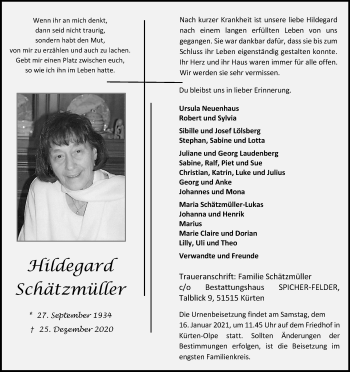 Anzeige von Hildegard Schätzmüller von Kölner Stadt-Anzeiger / Kölnische Rundschau / Express
