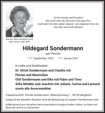 Anzeige von Hildegard Sondermann von  Werbepost 
