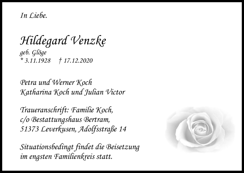  Traueranzeige für Hildegard Venzke vom 09.01.2021 aus Kölner Stadt-Anzeiger / Kölnische Rundschau / Express