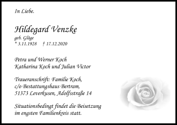 Anzeige von Hildegard Venzke von Kölner Stadt-Anzeiger / Kölnische Rundschau / Express