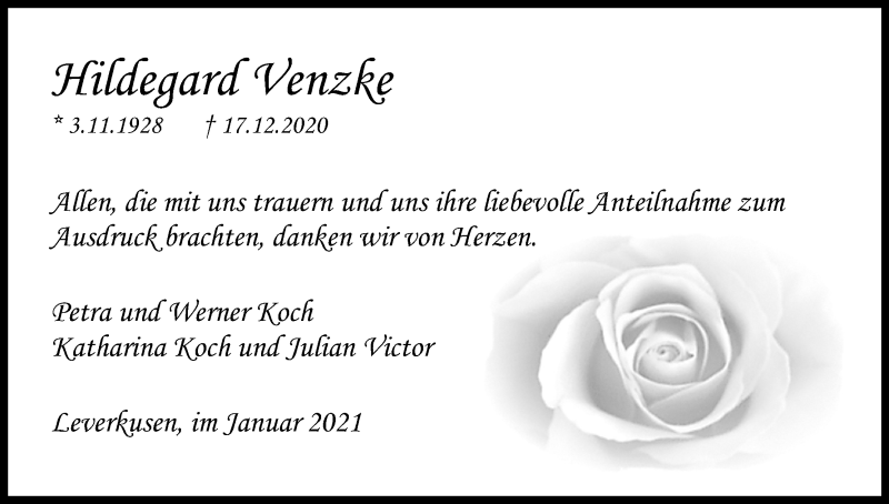  Traueranzeige für Hildegard Venzke vom 30.01.2021 aus Kölner Stadt-Anzeiger / Kölnische Rundschau / Express