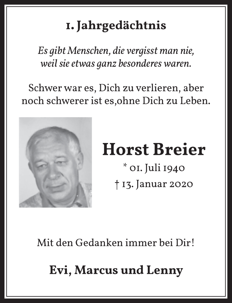  Traueranzeige für Horst Breier vom 02.01.2021 aus  Wochenende 