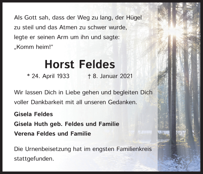  Traueranzeige für Horst Feldes vom 30.01.2021 aus Kölner Stadt-Anzeiger / Kölnische Rundschau / Express