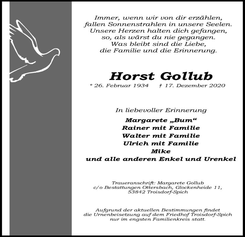  Traueranzeige für Horst Gollub vom 11.01.2021 aus Kölner Stadt-Anzeiger / Kölnische Rundschau / Express