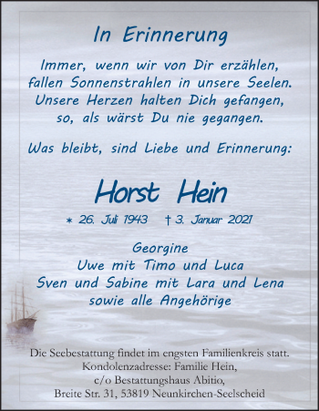 Anzeige von Horst Hein von Kölner Stadt-Anzeiger / Kölnische Rundschau / Express