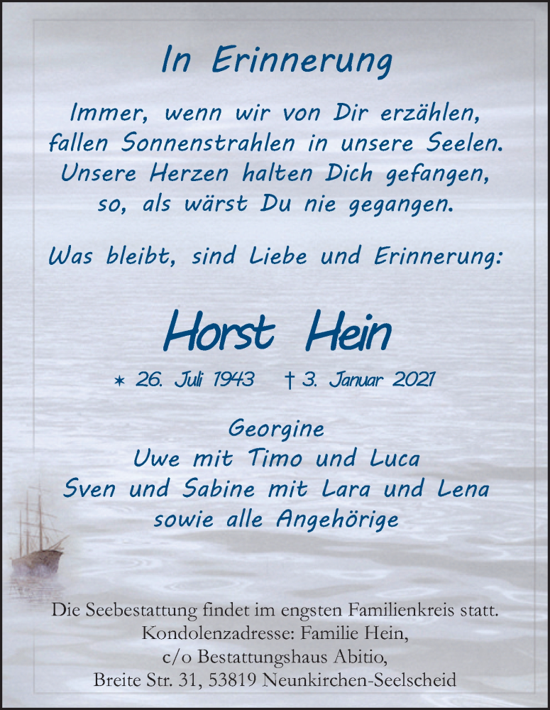  Traueranzeige für Horst Hein vom 16.01.2021 aus Kölner Stadt-Anzeiger / Kölnische Rundschau / Express