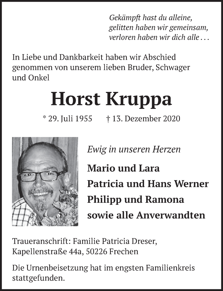  Traueranzeige für Horst Kruppa vom 15.01.2021 aus  Wochenende 