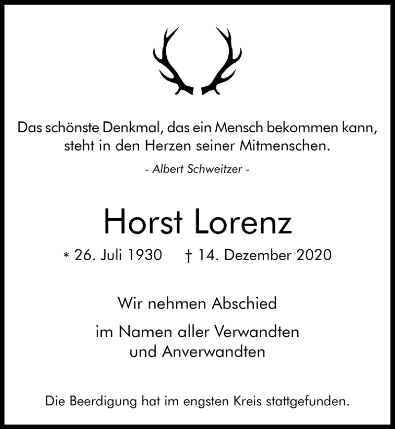  Traueranzeige für Horst Lorenz vom 08.01.2021 aus  Bergisches Handelsblatt 