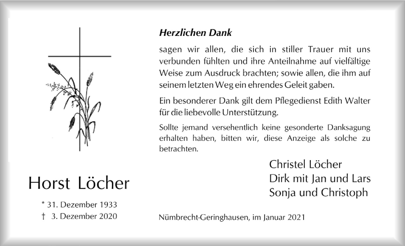  Traueranzeige für Horst Löcher vom 22.01.2021 aus  Lokalanzeiger 